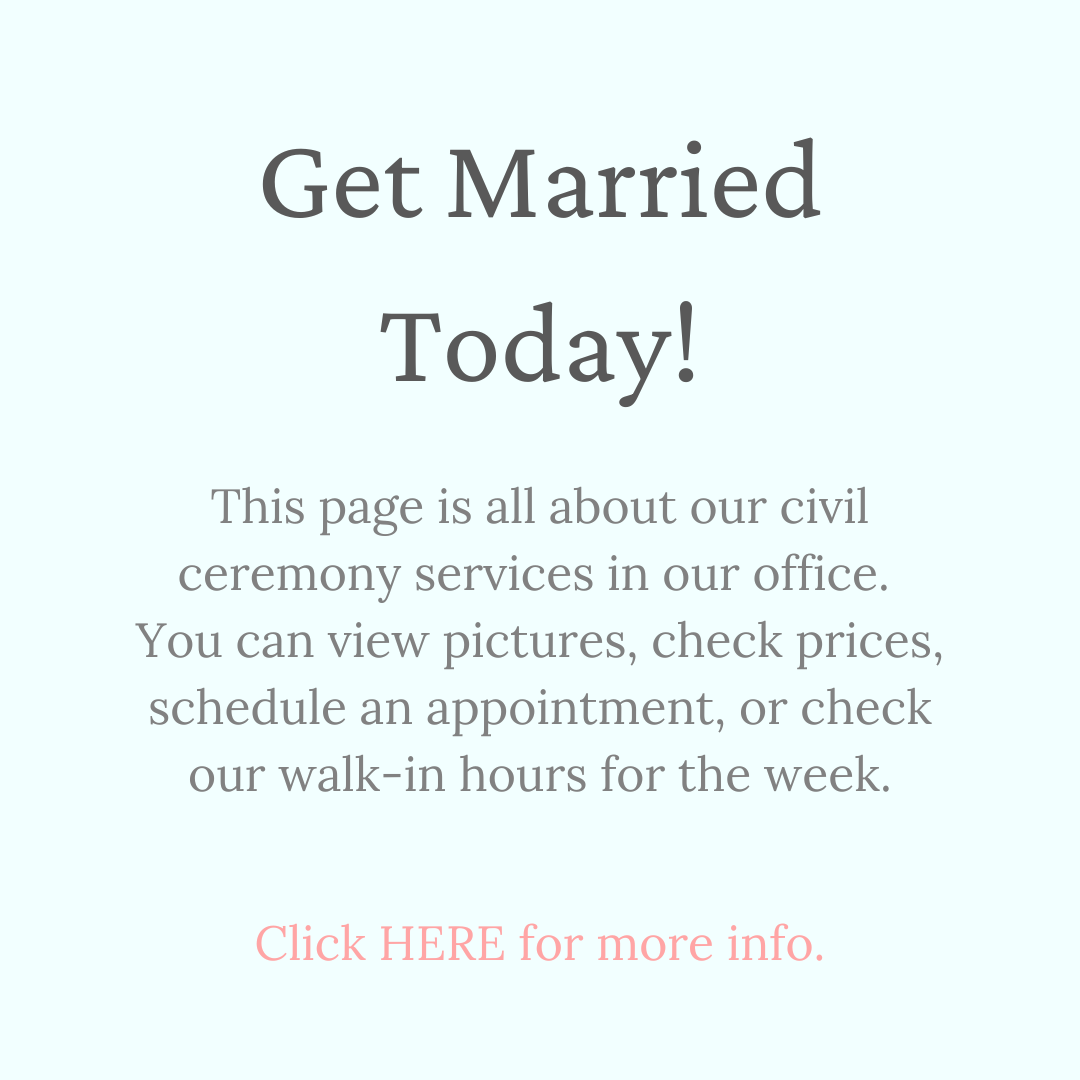 Marry Me In Indy! Get Married Today! This page is all about our civil ceremony services in our office.  You can view pictures, check prices, schedule an appointment, or check our walk-in hours for the week.
